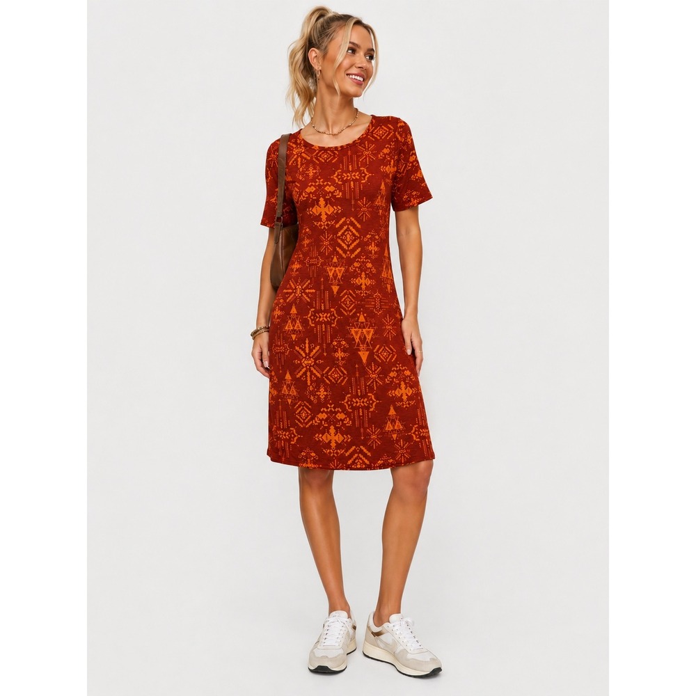 LuLaRoe Julia Dress Rust Orange Geometric Aztec Short Sleeve Knee Length XL NWT